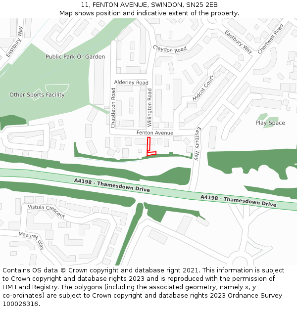 11, FENTON AVENUE, SWINDON, SN25 2EB: Location map and indicative extent of plot