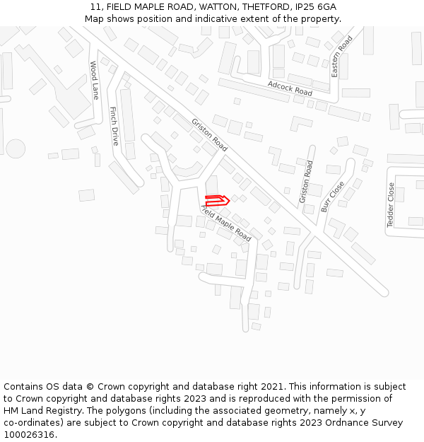 11, FIELD MAPLE ROAD, WATTON, THETFORD, IP25 6GA: Location map and indicative extent of plot