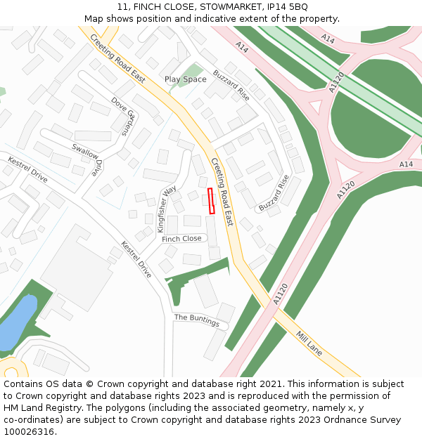 11, FINCH CLOSE, STOWMARKET, IP14 5BQ: Location map and indicative extent of plot