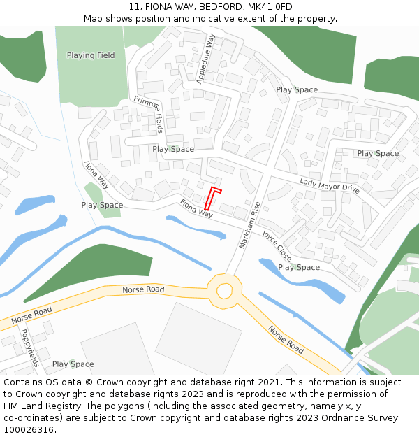 11, FIONA WAY, BEDFORD, MK41 0FD: Location map and indicative extent of plot