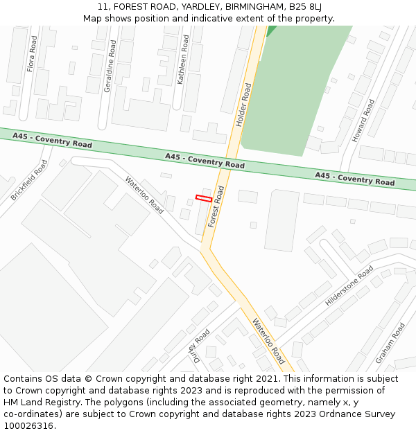 11, FOREST ROAD, YARDLEY, BIRMINGHAM, B25 8LJ: Location map and indicative extent of plot