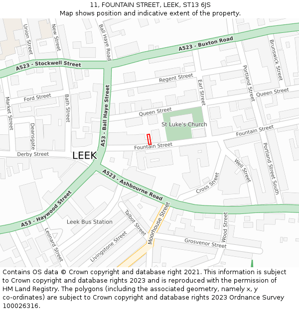 11, FOUNTAIN STREET, LEEK, ST13 6JS: Location map and indicative extent of plot