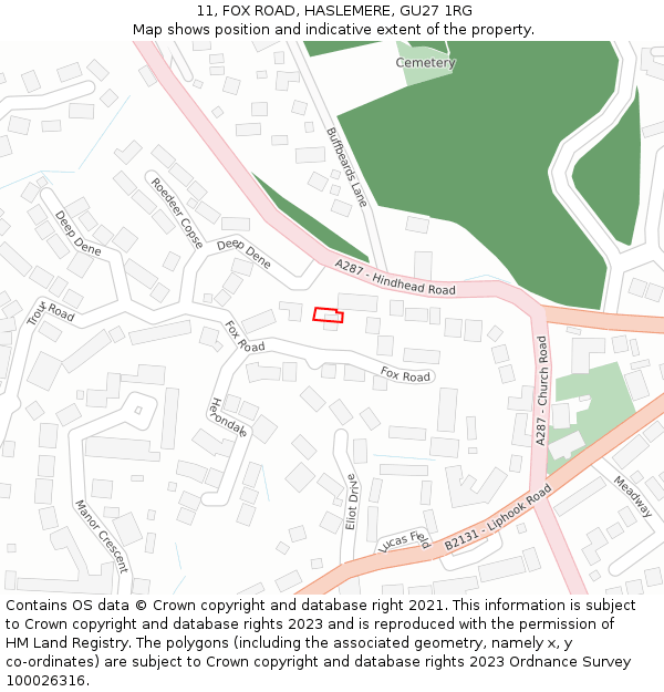 11, FOX ROAD, HASLEMERE, GU27 1RG: Location map and indicative extent of plot