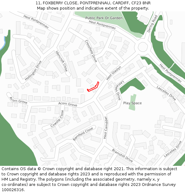 11, FOXBERRY CLOSE, PONTPRENNAU, CARDIFF, CF23 8NR: Location map and indicative extent of plot
