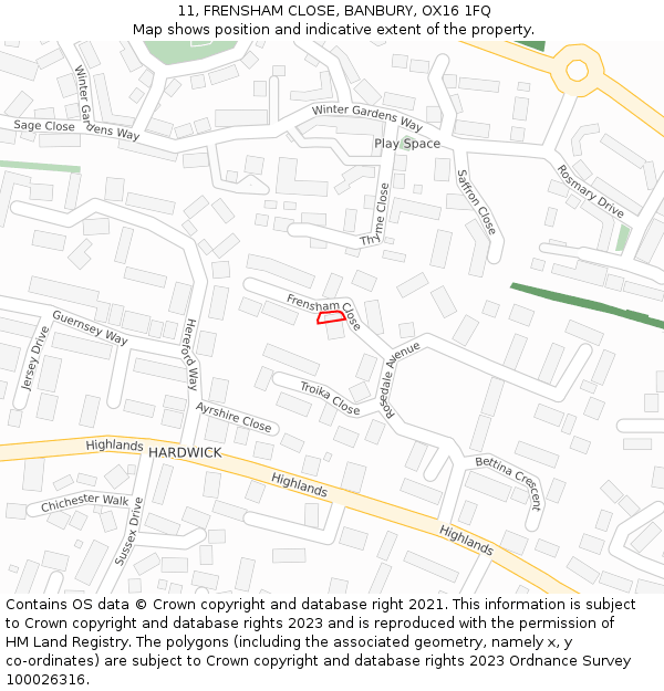 11, FRENSHAM CLOSE, BANBURY, OX16 1FQ: Location map and indicative extent of plot
