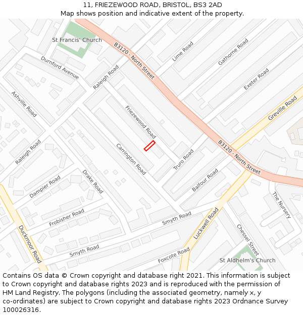 11, FRIEZEWOOD ROAD, BRISTOL, BS3 2AD: Location map and indicative extent of plot