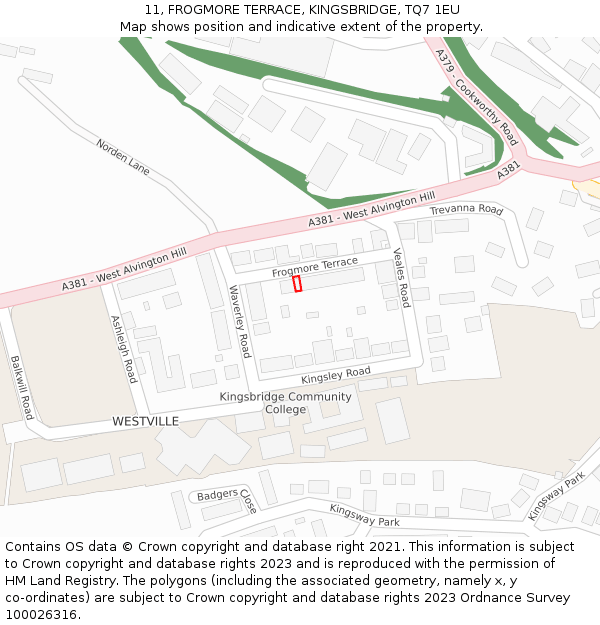 11, FROGMORE TERRACE, KINGSBRIDGE, TQ7 1EU: Location map and indicative extent of plot