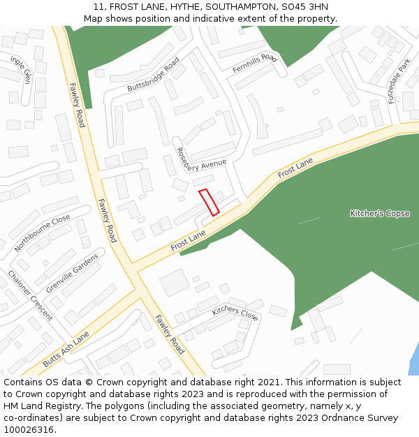 11, FROST LANE, HYTHE, SOUTHAMPTON, SO45 3HN: Location map and indicative extent of plot