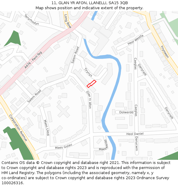 11, GLAN YR AFON, LLANELLI, SA15 3QB: Location map and indicative extent of plot