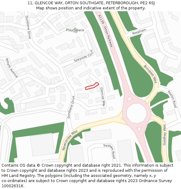 11, GLENCOE WAY, ORTON SOUTHGATE, PETERBOROUGH, PE2 6SJ: Location map and indicative extent of plot
