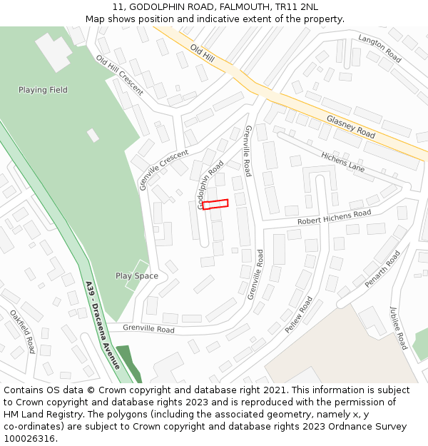 11, GODOLPHIN ROAD, FALMOUTH, TR11 2NL: Location map and indicative extent of plot