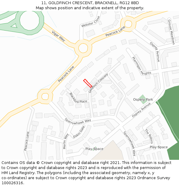 11, GOLDFINCH CRESCENT, BRACKNELL, RG12 8BD: Location map and indicative extent of plot