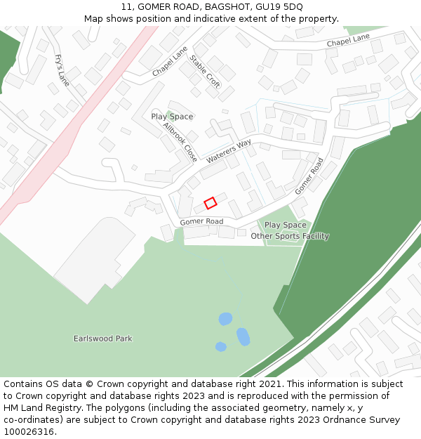 11, GOMER ROAD, BAGSHOT, GU19 5DQ: Location map and indicative extent of plot