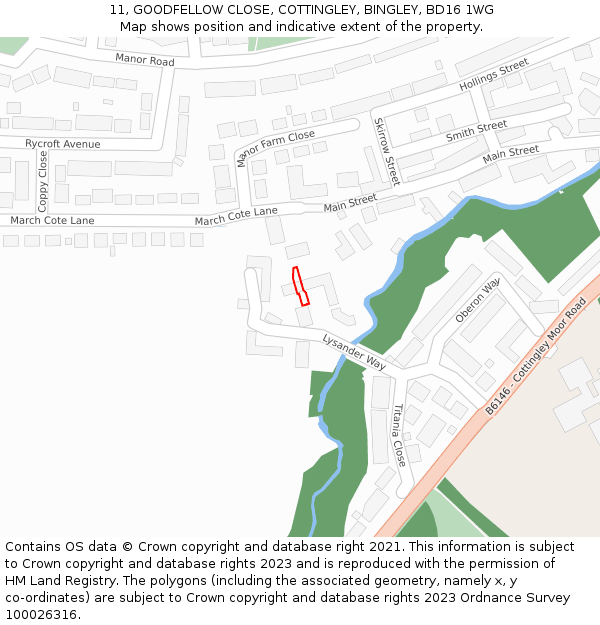 11, GOODFELLOW CLOSE, COTTINGLEY, BINGLEY, BD16 1WG: Location map and indicative extent of plot