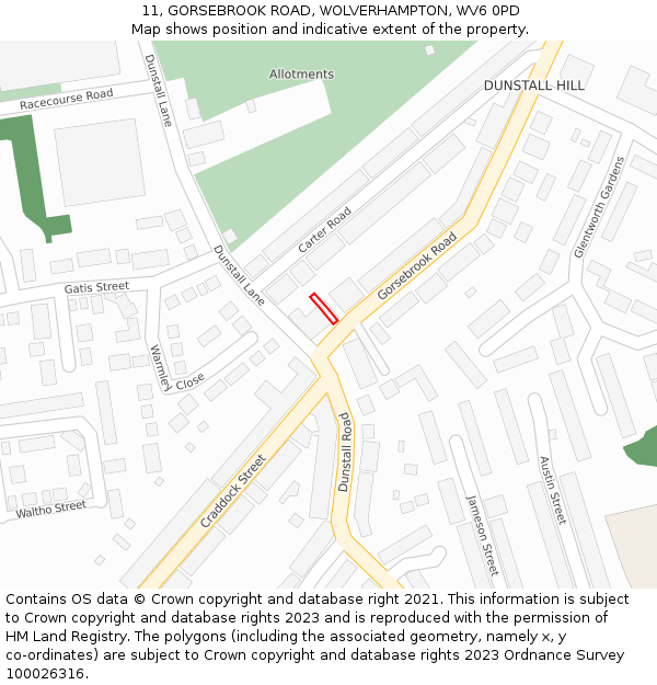 11, GORSEBROOK ROAD, WOLVERHAMPTON, WV6 0PD: Location map and indicative extent of plot