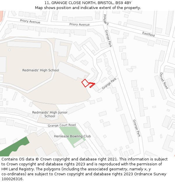 11, GRANGE CLOSE NORTH, BRISTOL, BS9 4BY: Location map and indicative extent of plot