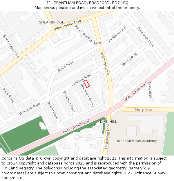 11, GRANTHAM ROAD, BRADFORD, BD7 1RQ: Location map and indicative extent of plot