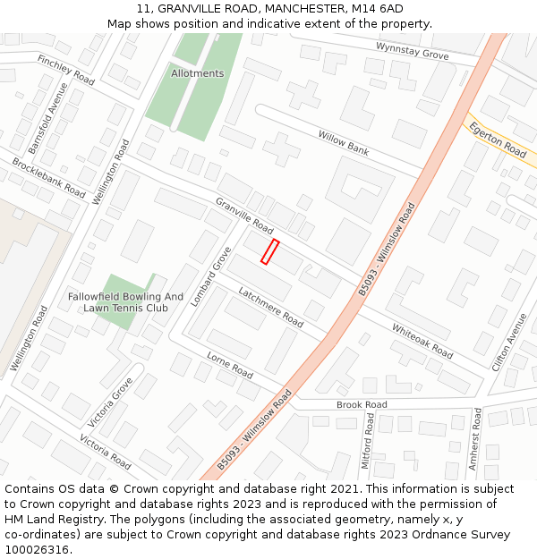 11, GRANVILLE ROAD, MANCHESTER, M14 6AD: Location map and indicative extent of plot