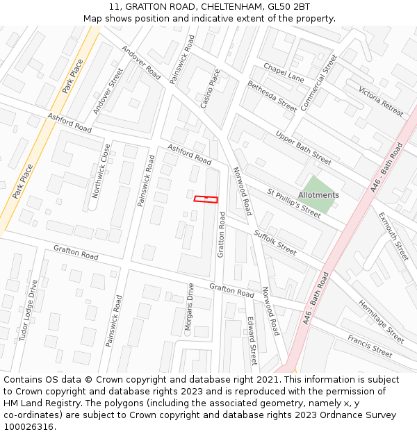 11, GRATTON ROAD, CHELTENHAM, GL50 2BT: Location map and indicative extent of plot