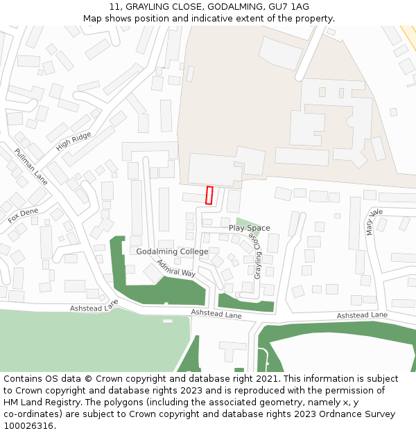 11, GRAYLING CLOSE, GODALMING, GU7 1AG: Location map and indicative extent of plot