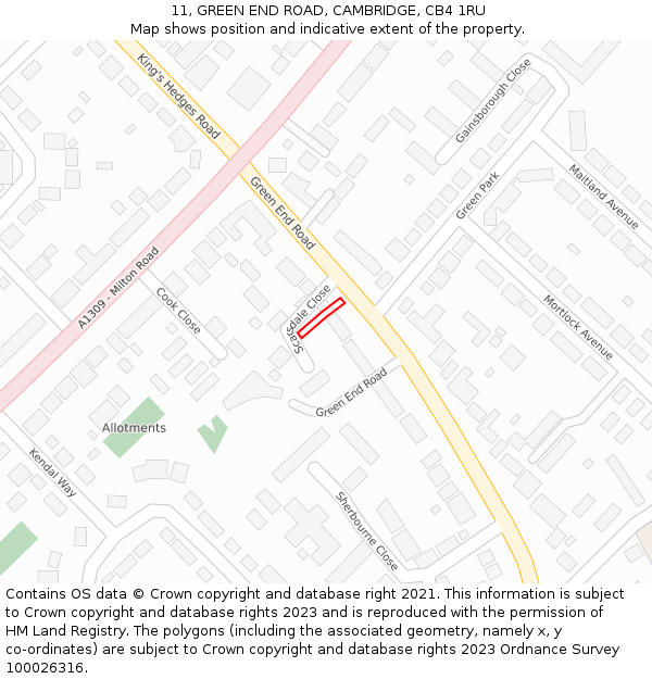 11, GREEN END ROAD, CAMBRIDGE, CB4 1RU: Location map and indicative extent of plot
