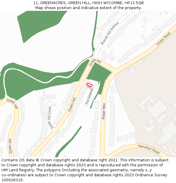 11, GREENACRES, GREEN HILL, HIGH WYCOMBE, HP13 5QB: Location map and indicative extent of plot