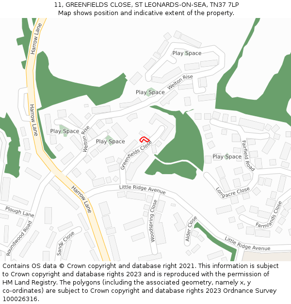 11, GREENFIELDS CLOSE, ST LEONARDS-ON-SEA, TN37 7LP: Location map and indicative extent of plot