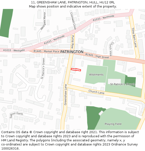 11, GREENSHAW LANE, PATRINGTON, HULL, HU12 0RL: Location map and indicative extent of plot