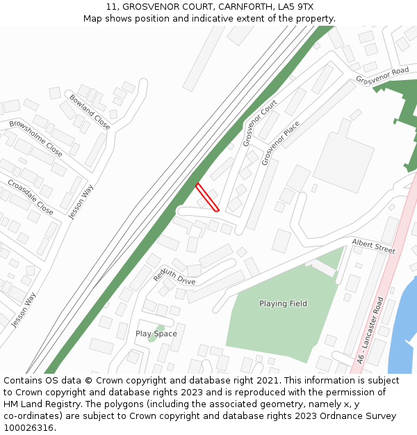11, GROSVENOR COURT, CARNFORTH, LA5 9TX: Location map and indicative extent of plot