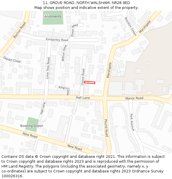 11, GROVE ROAD, NORTH WALSHAM, NR28 9ED: Location map and indicative extent of plot