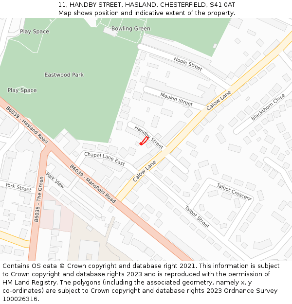 11, HANDBY STREET, HASLAND, CHESTERFIELD, S41 0AT: Location map and indicative extent of plot