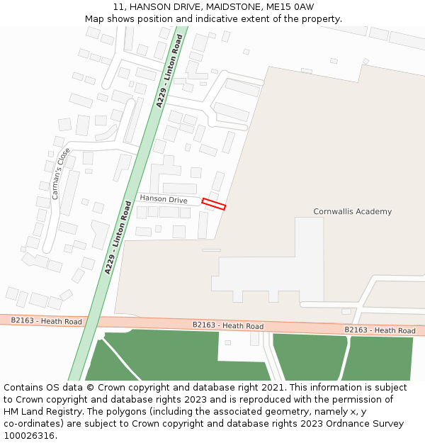 11, HANSON DRIVE, MAIDSTONE, ME15 0AW: Location map and indicative extent of plot