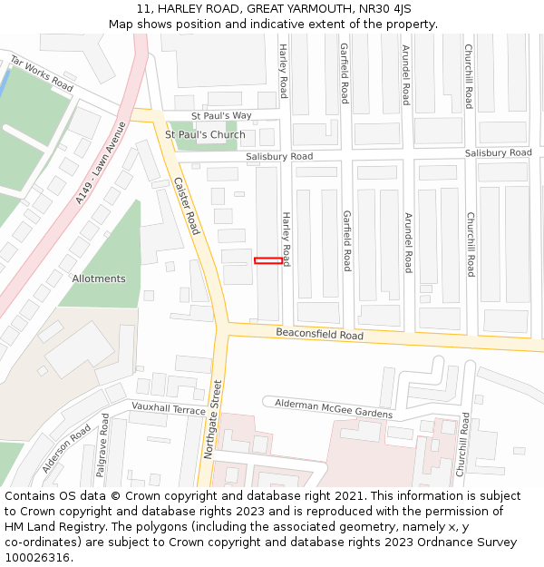 11, HARLEY ROAD, GREAT YARMOUTH, NR30 4JS: Location map and indicative extent of plot
