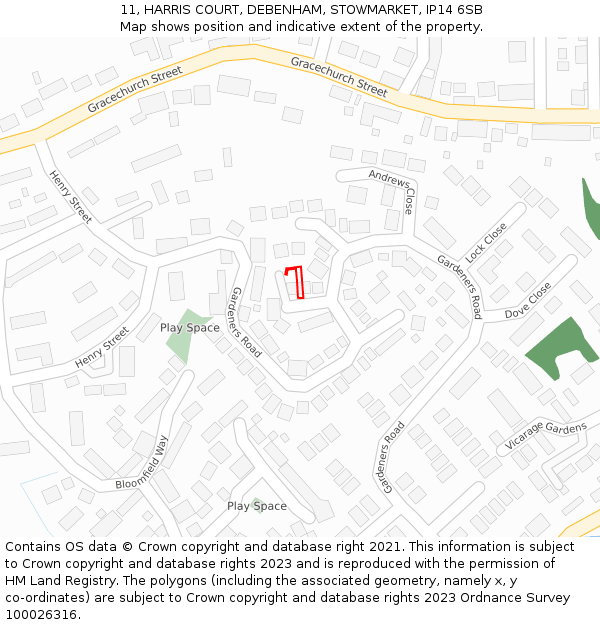 11, HARRIS COURT, DEBENHAM, STOWMARKET, IP14 6SB: Location map and indicative extent of plot