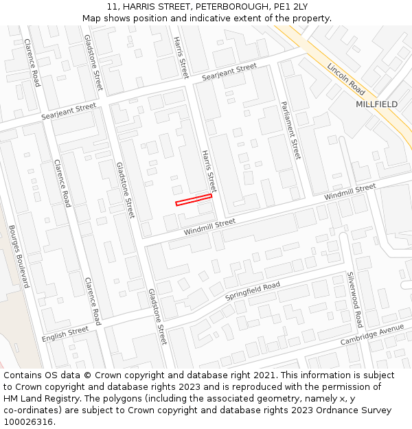 11, HARRIS STREET, PETERBOROUGH, PE1 2LY: Location map and indicative extent of plot