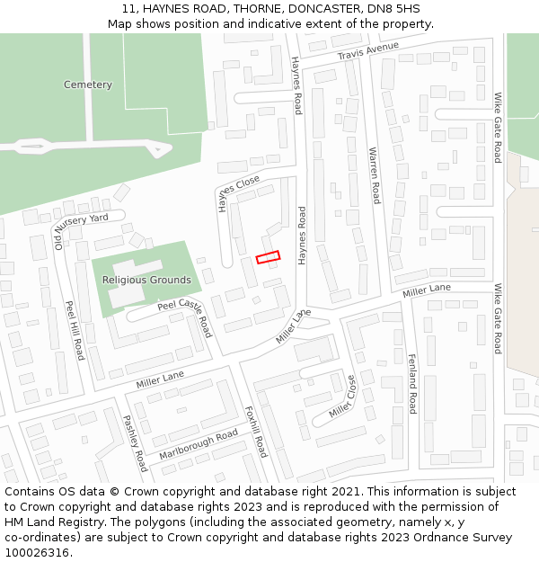 11, HAYNES ROAD, THORNE, DONCASTER, DN8 5HS: Location map and indicative extent of plot