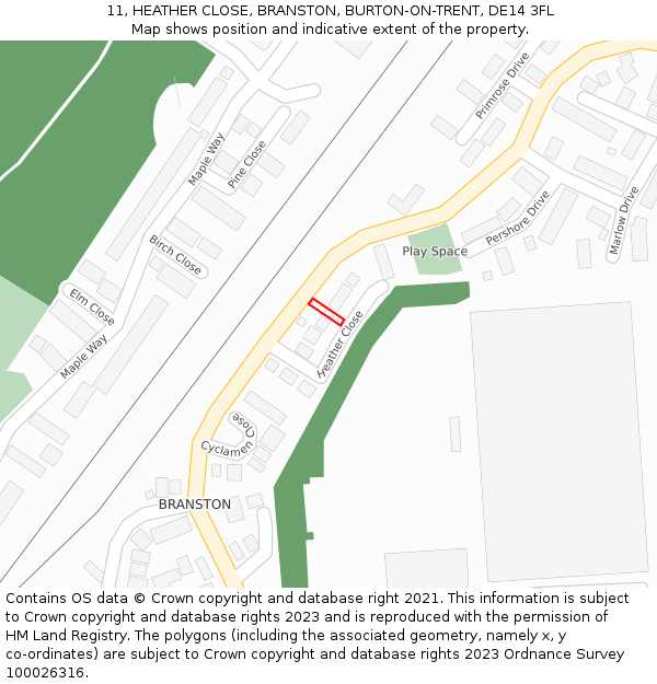 11, HEATHER CLOSE, BRANSTON, BURTON-ON-TRENT, DE14 3FL: Location map and indicative extent of plot
