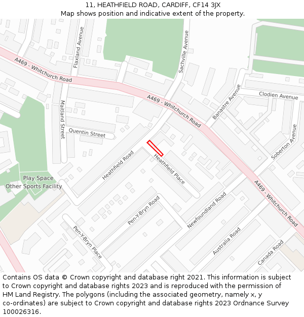 11, HEATHFIELD ROAD, CARDIFF, CF14 3JX: Location map and indicative extent of plot
