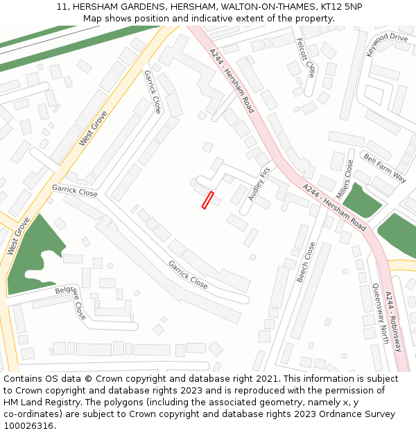 11, HERSHAM GARDENS, HERSHAM, WALTON-ON-THAMES, KT12 5NP: Location map and indicative extent of plot