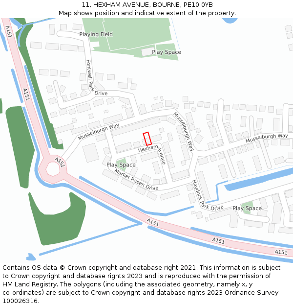 11, HEXHAM AVENUE, BOURNE, PE10 0YB: Location map and indicative extent of plot