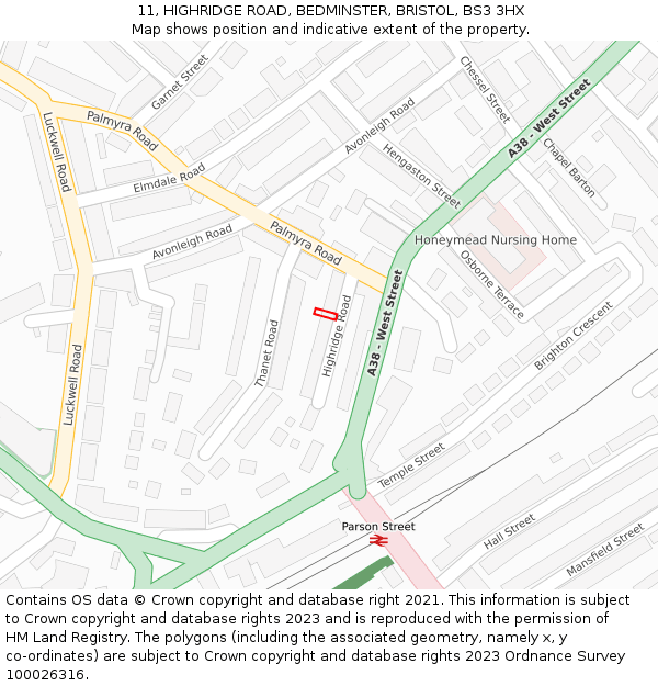 11, HIGHRIDGE ROAD, BEDMINSTER, BRISTOL, BS3 3HX: Location map and indicative extent of plot
