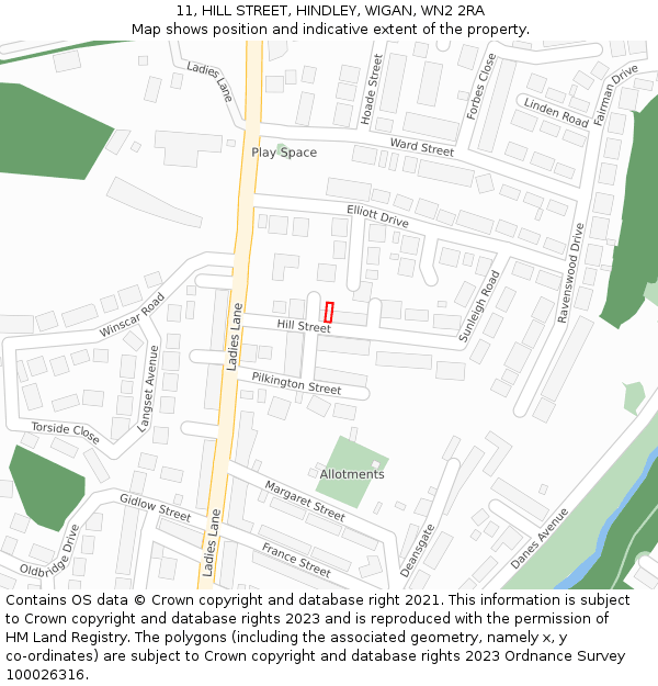 11, HILL STREET, HINDLEY, WIGAN, WN2 2RA: Location map and indicative extent of plot