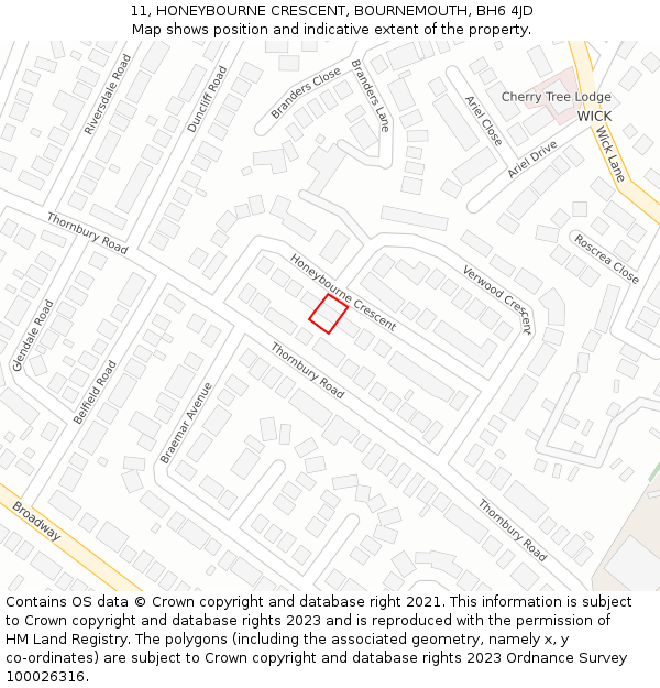 11, HONEYBOURNE CRESCENT, BOURNEMOUTH, BH6 4JD: Location map and indicative extent of plot