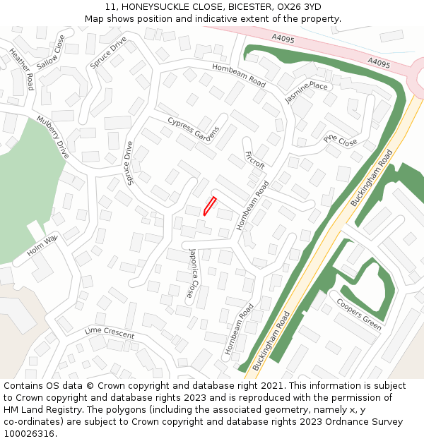 11, HONEYSUCKLE CLOSE, BICESTER, OX26 3YD: Location map and indicative extent of plot