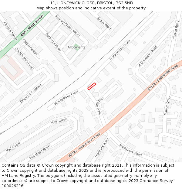 11, HONEYWICK CLOSE, BRISTOL, BS3 5ND: Location map and indicative extent of plot