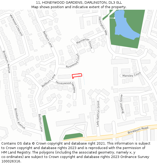 11, HONEYWOOD GARDENS, DARLINGTON, DL3 0LL: Location map and indicative extent of plot