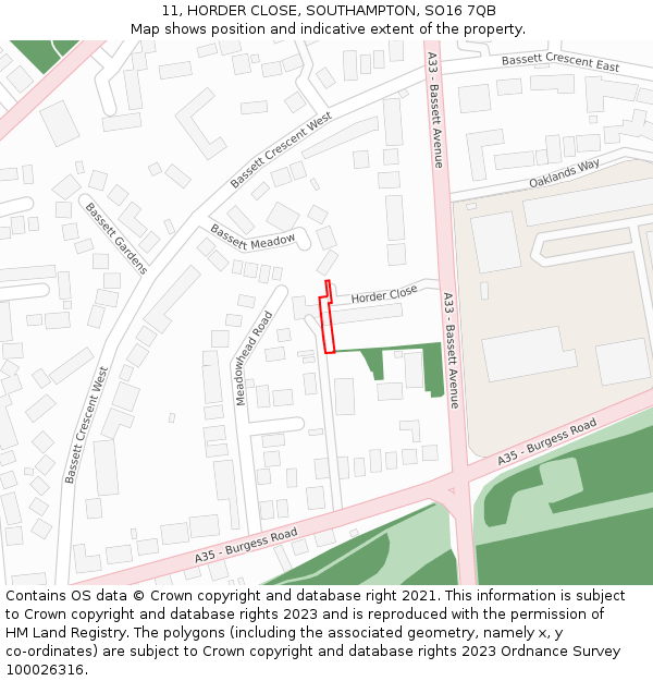 11, HORDER CLOSE, SOUTHAMPTON, SO16 7QB: Location map and indicative extent of plot