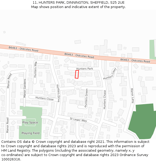 11, HUNTERS PARK, DINNINGTON, SHEFFIELD, S25 2UE: Location map and indicative extent of plot