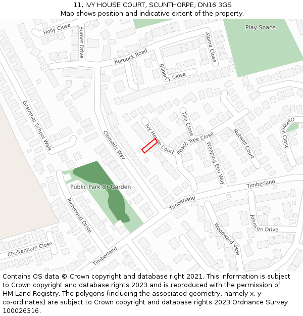 11, IVY HOUSE COURT, SCUNTHORPE, DN16 3GS: Location map and indicative extent of plot