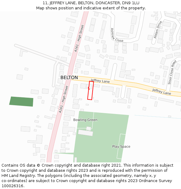 11, JEFFREY LANE, BELTON, DONCASTER, DN9 1LU: Location map and indicative extent of plot